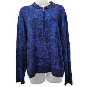 St. John Sweater Size M Blue Santana Knit VTG Wool Blend Full Zip Preppy Stretch